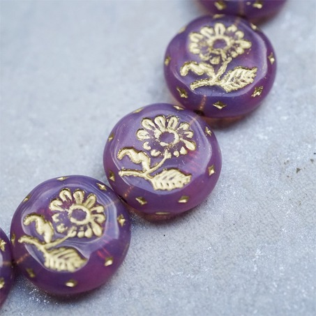 可爱果冻紫色描金~捷克玻璃琉璃花朵镶花边扁圆古董珠 18MM-2