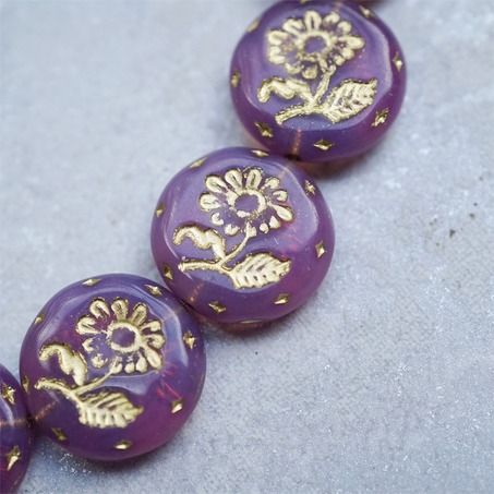 可爱果冻紫色描金~捷克玻璃琉璃花朵镶花边扁圆古董珠 18MM-4