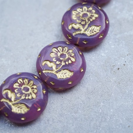 可爱果冻紫色描金~捷克玻璃琉璃花朵镶花边扁圆古董珠 18MM-3