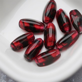 深玫瑰红暗黑晕染mix色~手造立体异形椭圆梭形三面直孔珠日本进口中古古董灯工玻璃琉璃珠 约17X9MM