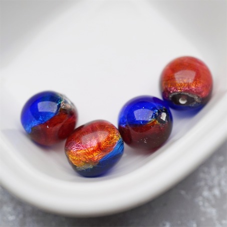 稀有熔岩琉璃孔雀眼蓝粉撞色火彩光泽圆珠~日本进口中古古董灯工玻璃琉璃珠 13MM