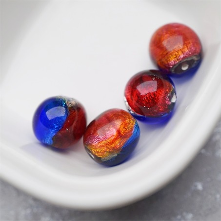 稀有熔岩琉璃孔雀眼蓝粉撞色火彩光泽圆珠~日本进口中古古董灯工玻璃琉璃珠 13MM-5