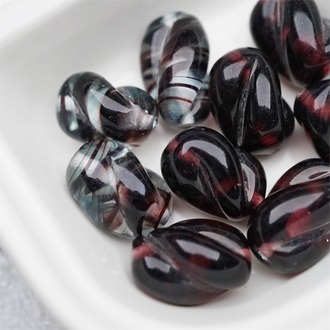 紫丁香/玫瑰红条纹配色~仿欧泊条纹手造mix稀有立体扭扭梭形珠日本进口中古古董灯工玻璃琉璃珠 约20X12MM