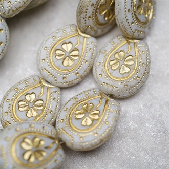 奶白色描金色~趣味马蹄铁形四叶草花纹捷克珠玻璃琉璃珠 21X18MM