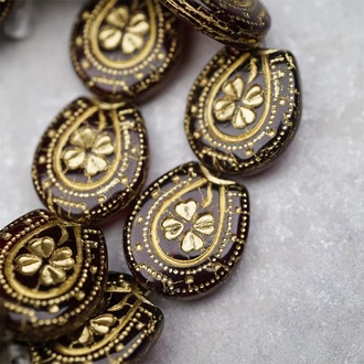 深透酒红色描金色~趣味马蹄铁形四叶草花纹捷克珠玻璃琉璃珠 21X18MM