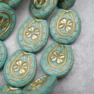 松石绿色描金色~趣味马蹄铁形四叶草花纹捷克珠玻璃琉璃珠 21X18MM