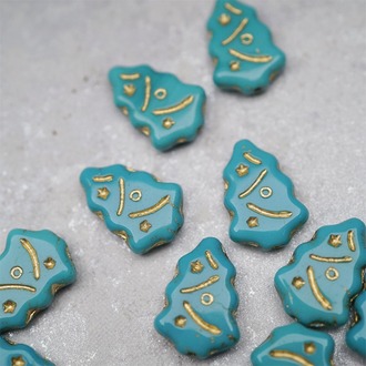 深松石蓝绿描金色~圣诞树捷克珠玻璃琉璃珠17X12MM