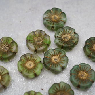 随机5枚~mix绿色色系做旧古铜金~常规夏威夷花朵捷克珠玻璃琉璃珠花花 14MM