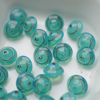 半透湖水蓝绿果冻感描金色~陀螺UFO土星捷克珠玻璃琉璃珠 8X10MM