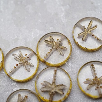 斑驳风格透明做旧毕加索棕描金~复古扁圆蜻蜓捷克珠玻璃琉璃 17MM