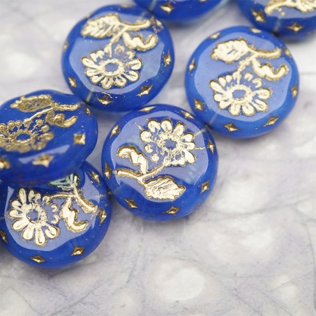 半透钴蓝色描金色~捷克玻璃琉璃花朵镶花边扁圆古董珠 18MM