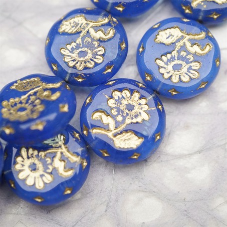半透钴蓝色描金色~捷克玻璃琉璃花朵镶花边扁圆古董珠 18MM-1