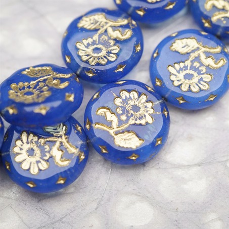 半透钴蓝色描金色~捷克玻璃琉璃花朵镶花边扁圆古董珠 18MM-3