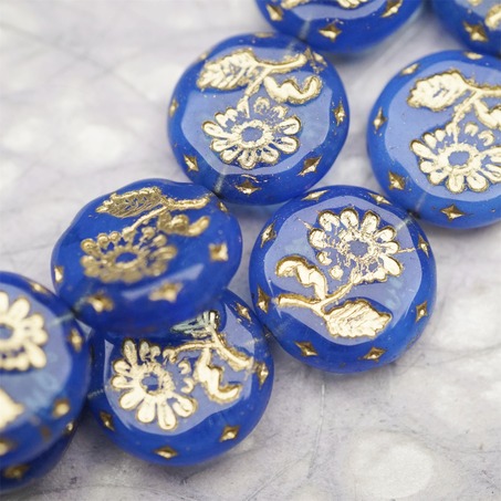 半透钴蓝色描金色~捷克玻璃琉璃花朵镶花边扁圆古董珠 18MM-4