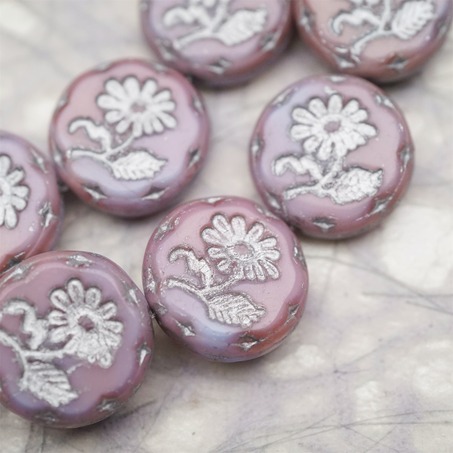 粉紫系渐变色描银~捷克玻璃琉璃花朵镶花边扁圆古董珠 18MM-1