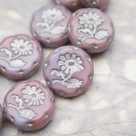粉紫系渐变色描银~捷克玻璃琉璃花朵镶花边扁圆古董珠 18MM-3