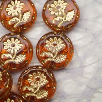 高级感威士忌色描金透感~捷克玻璃琉璃花朵镶花边扁圆古董珠 18MM