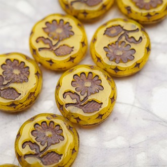超复古老钱风美拉德棕黄配色~捷克玻璃琉璃花朵镶花边扁圆古董珠 18MM