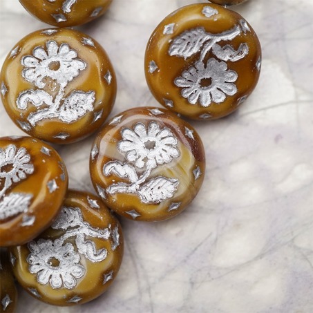 焦糖巧克力棕描银色~捷克玻璃琉璃花朵镶花边扁圆古董珠 18MM-1