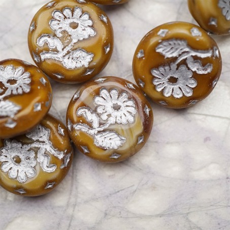 焦糖巧克力棕描银色~捷克玻璃琉璃花朵镶花边扁圆古董珠 18MM