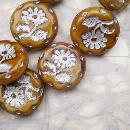 焦糖巧克力棕描银色~捷克玻璃琉璃花朵镶花边扁圆古董珠 18MM-7