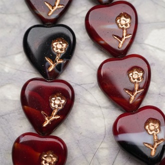 复古巴洛克红棕黑色渐变mix感描玫瑰金色~小花爱心桃心捷克珠玻璃琉璃珠 15MM