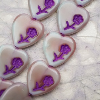 稀有蔷薇粉绿mix渐变描紫色~小花爱心桃心捷克珠玻璃琉璃珠 15MM