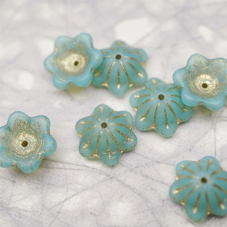 雾面果冻湖蓝绿色描金色~小碗花贝尔铃铛花铃兰捷克珠玻璃琉璃珠 14MM