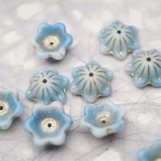 雾面云朵奶油蓝mix描金色~小碗花贝尔铃铛花铃兰捷克珠玻璃琉璃珠 14MM