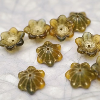 雾面透感深茶琥珀渐变mix描金色~小碗花贝尔铃铛花铃兰捷克珠玻璃琉璃珠 14MM