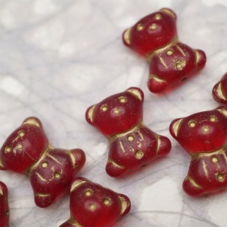 雾面透复古红色描金~vintage奶乖小熊泰迪熊珠捷克珠玻璃琉璃珠 15X18MM