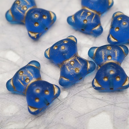 雾面透钴蓝色描金~vintage奶乖小熊泰迪熊珠捷克珠玻璃琉璃珠 15X18MM-2