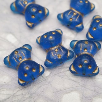 雾面透钴蓝色描金~vintage奶乖小熊泰迪熊珠捷克珠玻璃琉璃珠 15X18MM