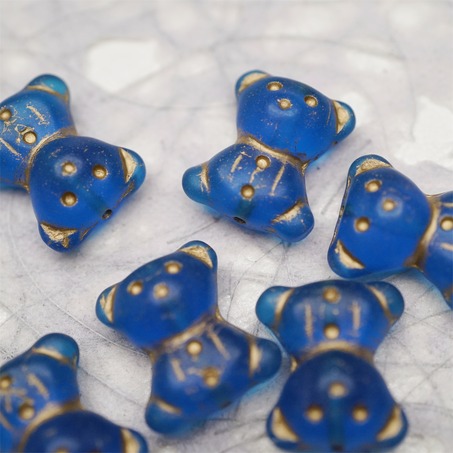 雾面透钴蓝色描金~vintage奶乖小熊泰迪熊珠捷克珠玻璃琉璃珠 15X18MM-3