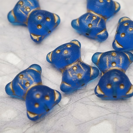 雾面透钴蓝色描金~vintage奶乖小熊泰迪熊珠捷克珠玻璃琉璃珠 15X18MM-4