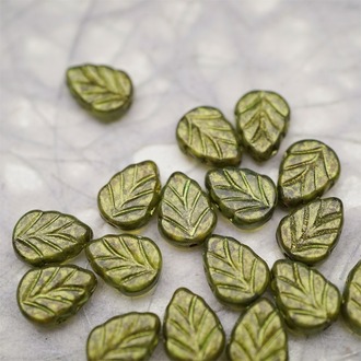 复古金属质感光泽绿色调~小树叶捷克珠琉璃玻璃珠 10X8MM