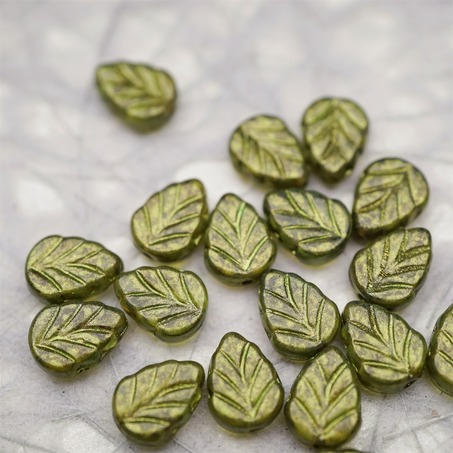 复古金属质感光泽绿色调~小树叶捷克珠琉璃玻璃珠 10X8MM-6