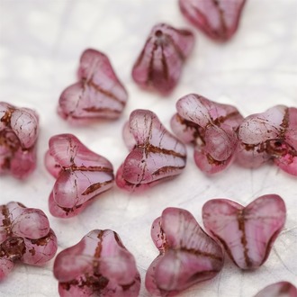 雾面粉白夹心mix描复古做旧古铜色~铃兰扁形古董珠形四叶花托捷克珠玻璃珠琉璃珠 9X13MM