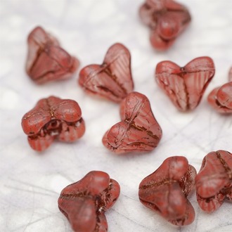 雾面洋红条纹夹心mix描复古做旧古铜色~铃兰扁形古董珠形四叶花托捷克珠玻璃珠琉璃珠 9X13MM