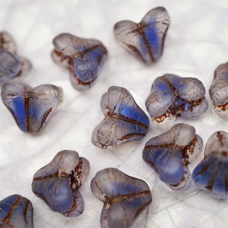 雾面透钴蓝色mix描复古做旧古铜色~铃兰扁形古董珠形四叶花托捷克珠玻璃珠琉璃珠 9X13MM