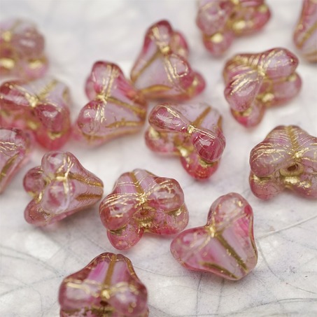 亮面粉白夹心mix描金色~铃兰扁形古董珠形四叶花托捷克珠玻璃珠琉璃珠 9X13MM