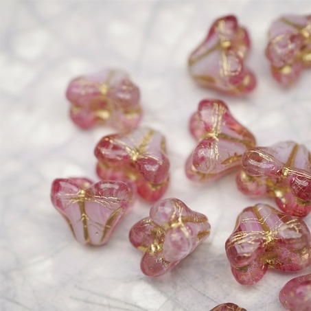 亮面粉白夹心mix描金色~铃兰扁形古董珠形四叶花托捷克珠玻璃珠琉璃珠 9X13MM-3