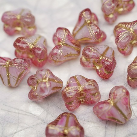 亮面粉白夹心mix描金色~铃兰扁形古董珠形四叶花托捷克珠玻璃珠琉璃珠 9X13MM-2