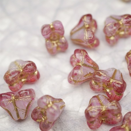 亮面粉白夹心mix描金色~铃兰扁形古董珠形四叶花托捷克珠玻璃珠琉璃珠 9X13MM-4