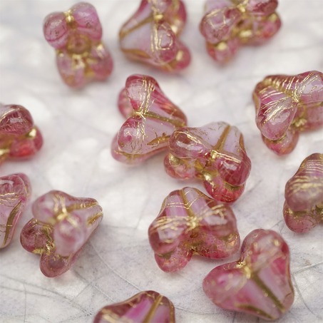 亮面粉白夹心mix描金色~铃兰扁形古董珠形四叶花托捷克珠玻璃珠琉璃珠 9X13MM-5