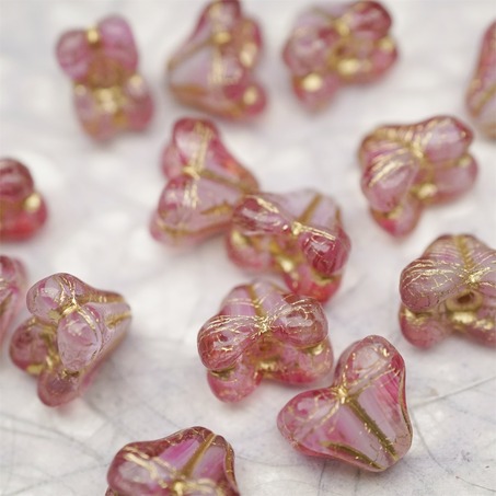 亮面粉白夹心mix描金色~铃兰扁形古董珠形四叶花托捷克珠玻璃珠琉璃珠 9X13MM-6