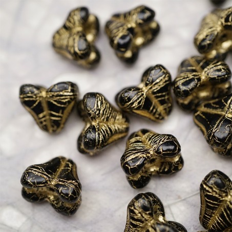 亮面经典黑色mix描金色~铃兰扁形古董珠形四叶花托捷克珠玻璃珠琉璃珠 9X13MM-2