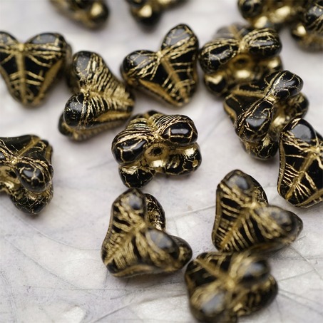 亮面经典黑色mix描金色~铃兰扁形古董珠形四叶花托捷克珠玻璃珠琉璃珠 9X13MM-3