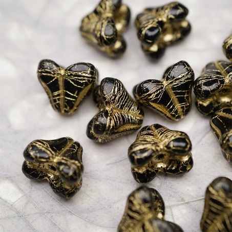 亮面经典黑色mix描金色~铃兰扁形古董珠形四叶花托捷克珠玻璃珠琉璃珠 9X13MM-4