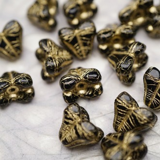 亮面经典黑色mix描金色~铃兰扁形古董珠形四叶花托捷克珠玻璃珠琉璃珠 9X13MM